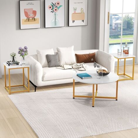 Ensemble de Tables Basses 3 Pièces Table Ronde et 2 Tables d'Appoint Carrées avec Cadre en Métal Robuste Blanc CW4860 Maison Chic