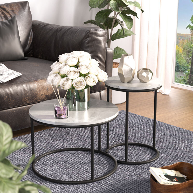 Vicco - Ensemble de tables basses Ottawa, Marbre blanc, 55 x 55 cm 2 pièces