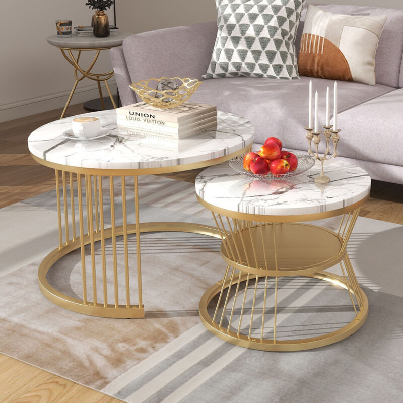 Ensemble de Tables Basses Rondes Empilables, Lot de 2 Tables d’Appoint avec Plateau Effet Marbre, Cadre Métal Doré, Style Moderne, Blanc