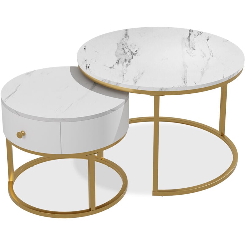 Ensemble de tables basses Madrid, Marbre blanc, 70x48cm , petite table avec tiroir, Vicco