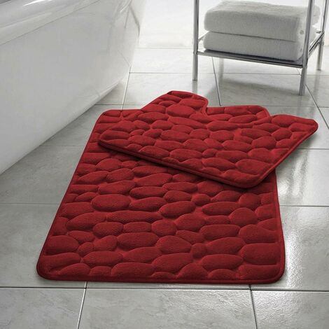 Ensemble de tapis de bain en galets à mémoire de forme Tapis de salle de bain 2 pièces Tapis de bain rouge absorbant doux et antidérapant (50 cm x 80 cm) et tapis de piédestal (environ 50 cm x 40 cm)