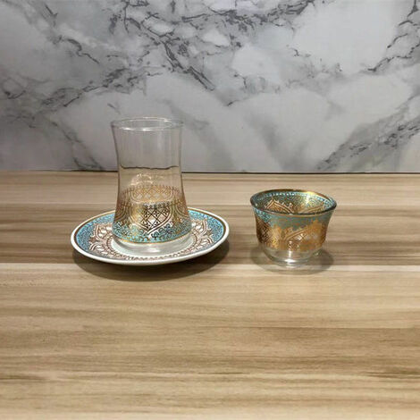 Ensemble de tasses et soucoupes à café, verres à thé turcs, tasse à thé exotique romantique en verre bleu or, décoration de cuisine, 3 pièces,3