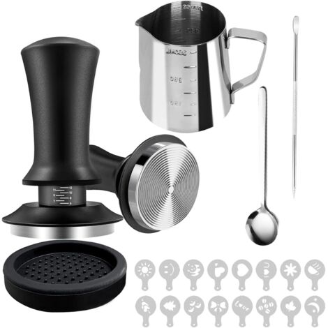 Ensemble de Tasseur à Café de 51 mm, Kit de 22 Accessoires à Espresso avec Tasseur Étalonné à Ressort, Outil WDT, Tapis, Agitateur, Stylo pour Art du Lait, Pichet à Mousser le Lait et Pochoirs