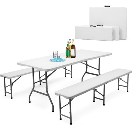 Ensemble de tente à bière pliable en plastique  Table + 2 bancs avec poignées de transport  Salon de jardin  Chapiteau de 180 cm  Table à bière pour le jardin, blanc