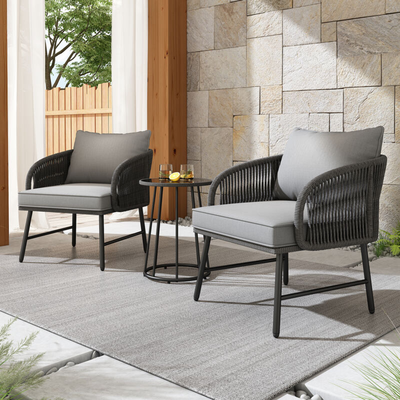 Ensemble de terrasse de jardin 3 pièces, 2 fauteuils et une table basse, corde tressée, plateau en verre, gris