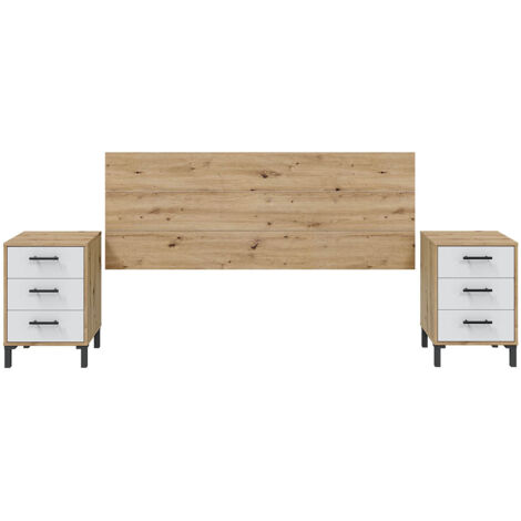 Ensemble de tête de lit + 2 tables de chevet coloris blanc artic, chêne nordique