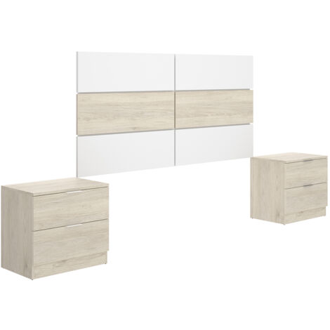 Ensemble de tête de lit avec 2 tables de chevet coloris chêne naturel, blanc - Longueur 258 x Profondeur 34 x Hauteur 121 cm
