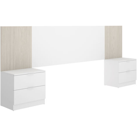 Ensemble de Tête de lit avec 2 tables de chevet de 2 tiroirs coloris imitation lamelles, blanc - Longueur 258 x Profondeur 34 x Hauteur 96 cm