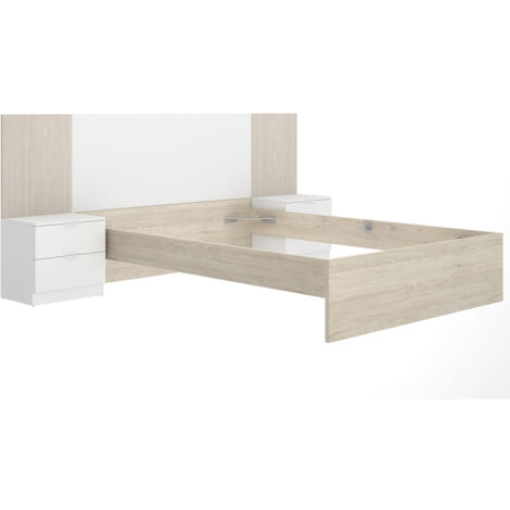 Ensemble de Tête de lit avec 2 tables de chevet de 2 tiroirs et structure de lit, 140x190 cm imitation lamelles, blanc, chêne naturel