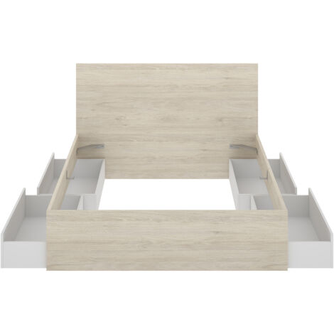 Ensemble de tête de lit avec 4 tiroirs + 2 tables de chevet coloris chêne naturel, blanc  - Longueur 246 x Profondeur 195 x Hauteur 100 cm