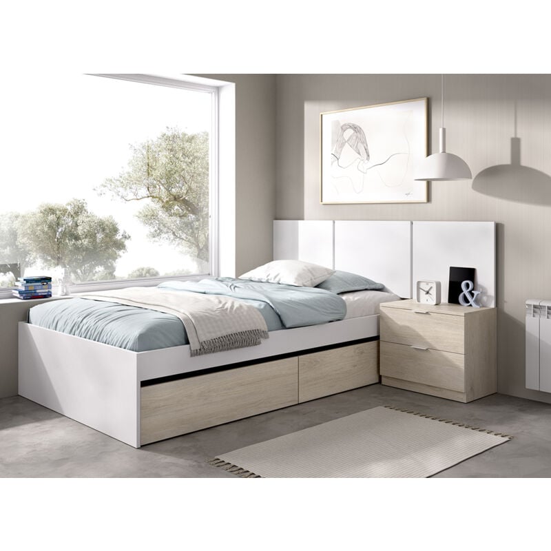 Ensemble de tête de lit coloris blanc + table de chevet avec 2 tiroirs + structure de lit coloris chêne naturel