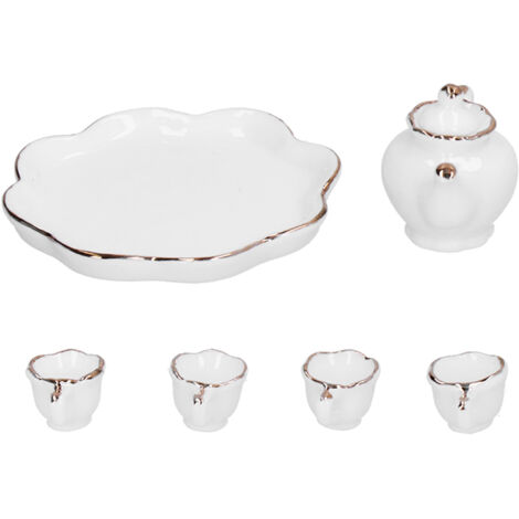 Ensemble de Thé Miniature 1:12 pour Maison de Poupée, Tasse et Théière avec Plateau, Décoration et Accessoires de Cuisine Blanc