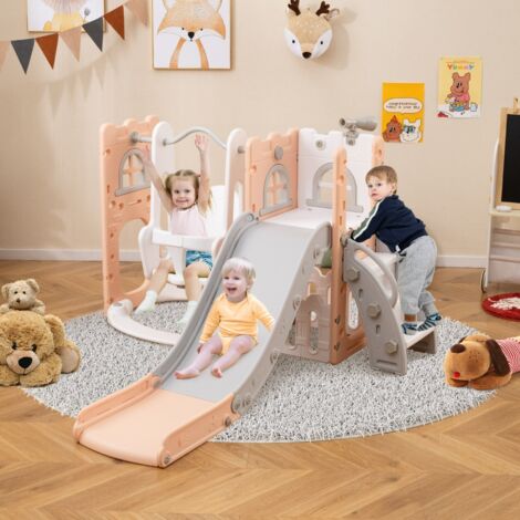 Ensemble de Toboggan et Balançoire 7 en 1 en Forme de L Toboggan Autoportant avec Balançoire Panier de Basket & Télescope pour 1-3 Ans Rose