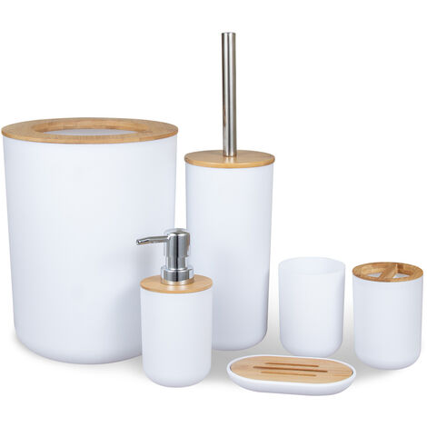 Ensemble de toilettes en bambou et en bois brosse à dents ronde tasse articles de toilette toilettes domestiques brosse poubelle，Brosse WC Bois, Brosse WC Bambou et Plastique Blanc, Brosse WC Fermée,