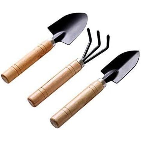Ensemble de trois mini-outils de jardinage noirs : pelle, râteau, pelle, pot de fleurs pour plantes succulentes, outils de jardinage, griffe avec manche en bois.