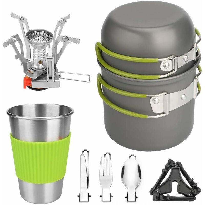 Ensemble de vaisselle de camping 9 pièces couverts de cuisine de camping mini réchaud de camping en aluminium pot tasse réchaud bidon trépied couteau