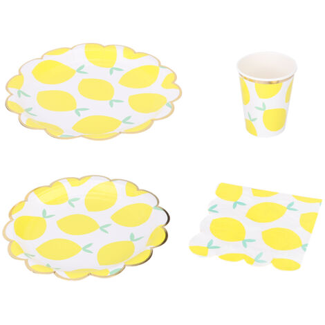 Ensemble de vaisselle jetable citron pour mariage et fête, assiettes, gobelets, serviettes
