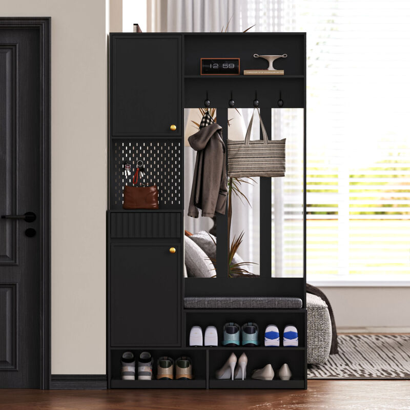 Neche – Ensemble de meubles d'entrée avec 4 crochets, tiroirs et banc rembourré – Dimensions 100L x 180H x 35P cm – MDF noir durable