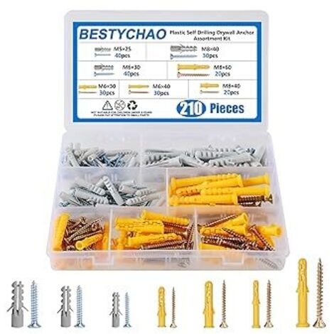 Ensemble de vis et chevilles murales, 210 pièces 7 tailles d'ancrage mural creux en plastique avec kit d'assortiment de vis pour la suspension et le montage de cloisons sèches M5 M6 M8