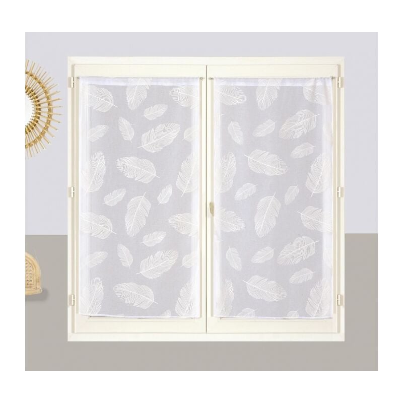 Ensemble de voilages blancs imprimés feuilles avec tunnel passe-tringle, 2X 60x160cm - facile à installer Atout Ciel