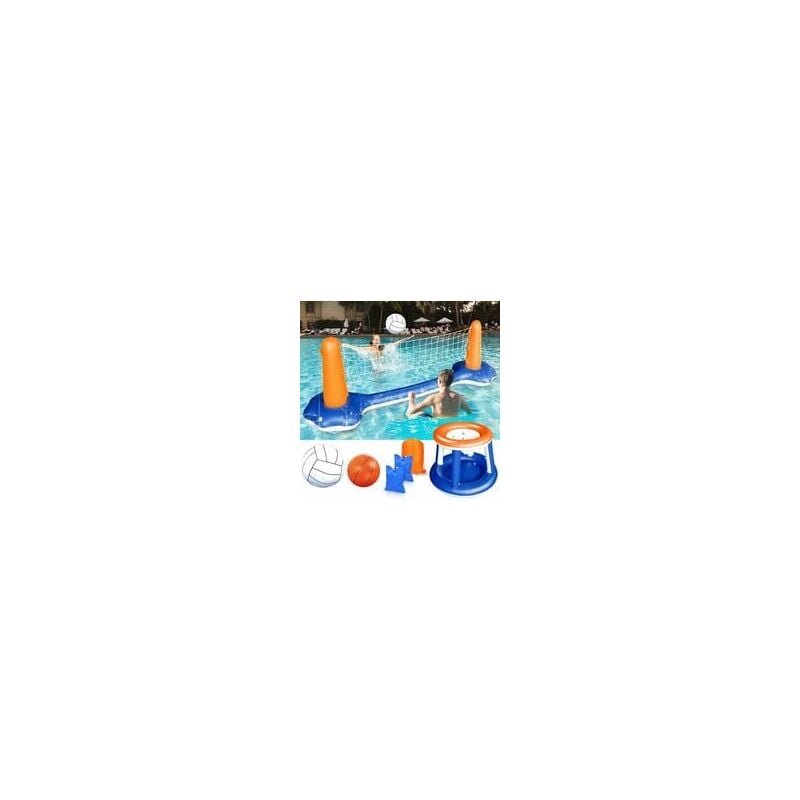 Ensemble de Volley-Ball Gonflable - Volleyball Gonflable Piscine Toy avec Basket-Ball Hoop Volley-Ball Filet Deux Balles Jeu de Natation pour Enfants