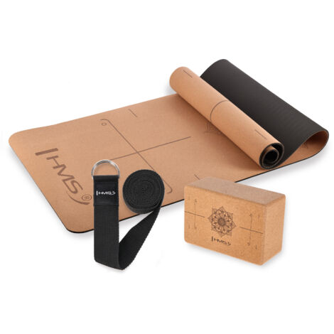 Ensemble de yoga en liège HMS : tapis TPE YM11 + cube KJ02 + sangle SJ02