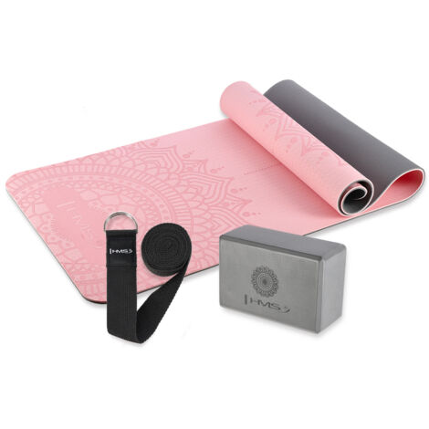 Ensemble de yoga HMS : tapis en TPE rose clair YM10 + cube gris KJ02 + sangle SJ02