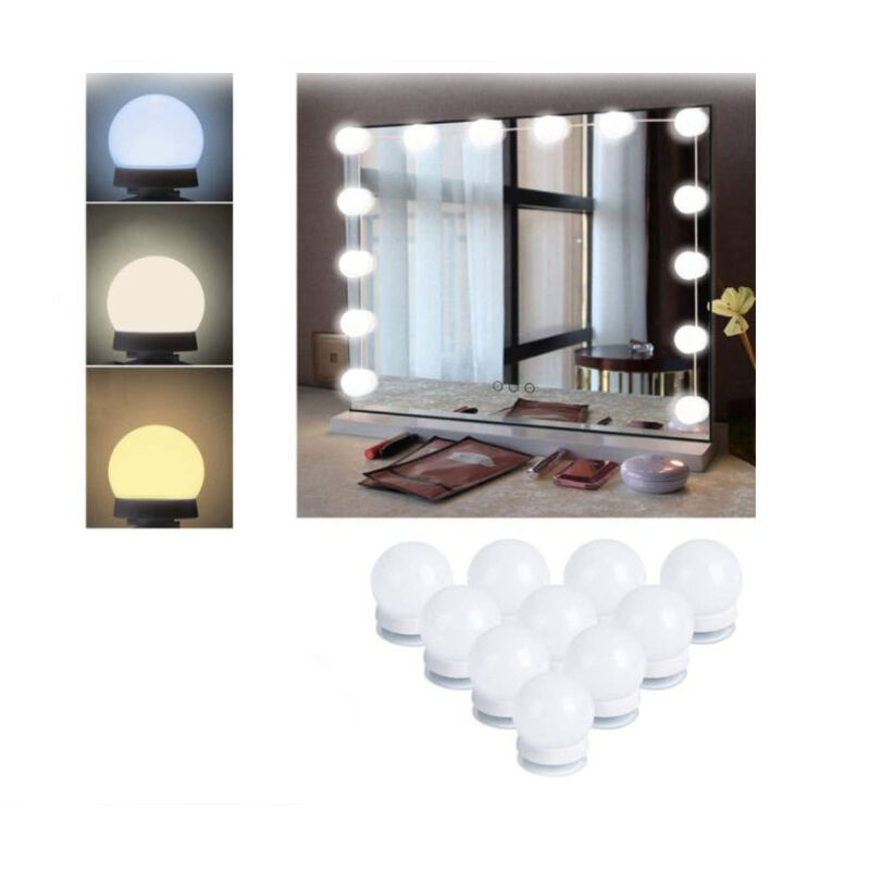 Ensemble d'éclairage pour miroir de maquillage, comprenant 10 ampoules, une interface USB, un interrupteur et un cordon d'alimentation, 3 couleurs.