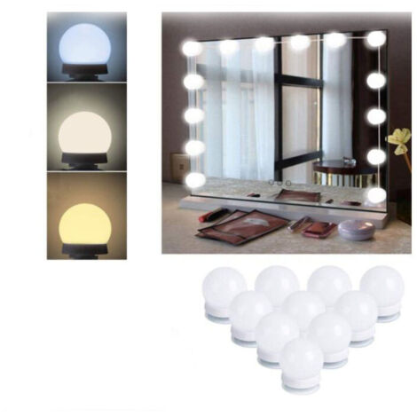 Ensemble d'éclairage pour miroir de maquillage, comprenant 10 ampoules, une interface USB, un interrupteur et un cordon d'alimentation, 3 couleurs.