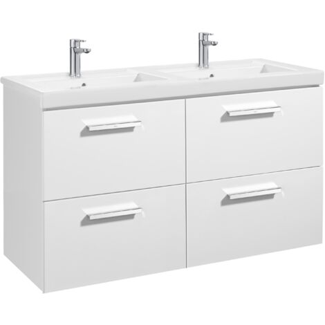 Ensemble d'éléments bas avec quatre tiroirs et double lavabo PRISMA - ROCA Couleur : blanc brillant