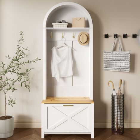 Ensemble d'entrée avec armoire, range-chaussures, étagère et crochets, MDF moderne, pieds fer 75x35x195cm - Bois naturel + Blanc