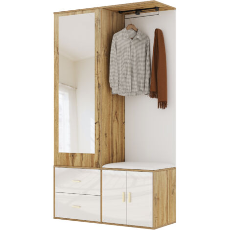 Ensemble D'entrée Blanc Et Bois Naturel Avec Miroir, Banc à Chaussures Et Rangement Multifonction