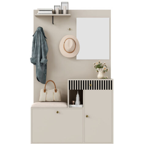 Ensemble d'entrée, Meuble d'entrée compact, Penderie d'entrée avec miroir et coussin rembourré, Meuble de rangement pour hall, Unité murale, Étagère, Panneaux muraux pour hall et entrée, Meuble à chau