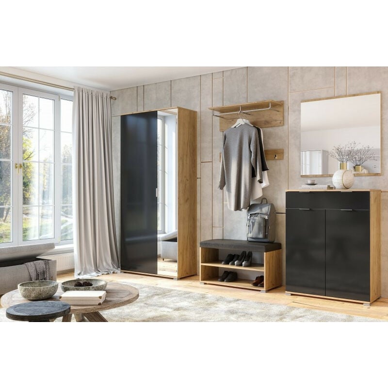 Azura Home Design - Ensemble d'entrée vestiaire avec miroir, commode, armoire et banc chaussures lune chêne-lave 2,2 m