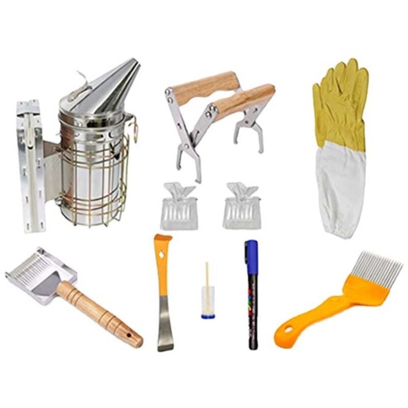 Tonchean - Ensemble d'équipement apicole 10 pièces pour apiculteurs, kit d'équipement apicole, pince à rate avec manche en bois, fourchette à miel à
