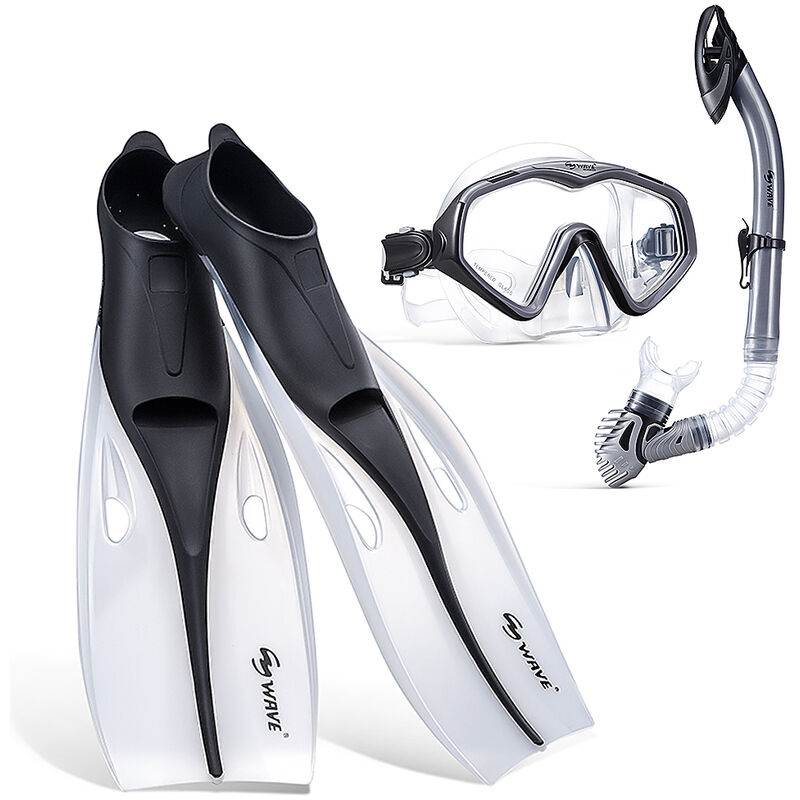 Ensemble D'Equipement De Plongee 3 Pieces, Masque De Plongee Grand Angle + Palmes + Tuba Avec Valve Dry Top, Noir, Taille S