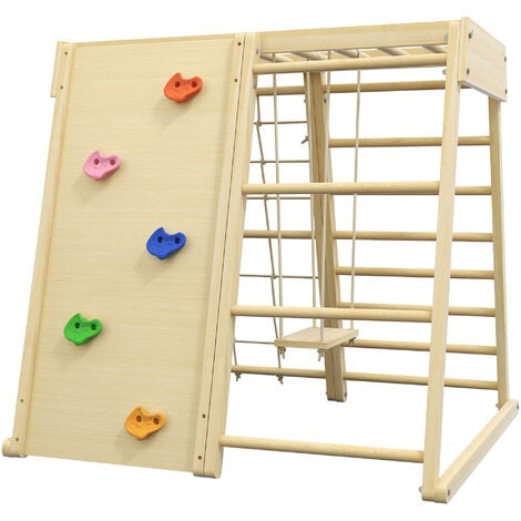 Ensemble d'escalade aire de jeux 5 en 1 avec balançoire, mur d'escalade, filet à grimper, échelle horizontale, jouets d'escalade pour enfants, 120 x 105 x 120 cm, bois naturel
