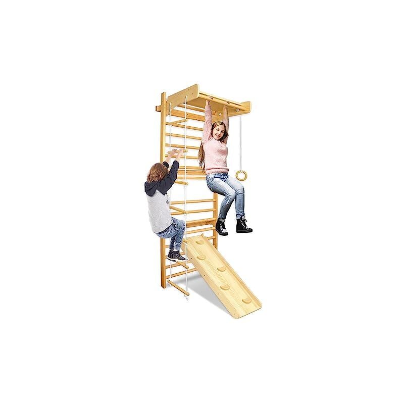 Ensemble d'escaliers 6 en 1 - Mur d'escalade - Aspect bois - 215 cm - Avec échelles, triangles en dentelle, anneaux de gymnastique, échelles,