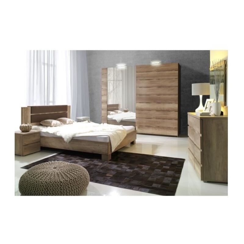 Ensemble design pour chambre à coucher ROMI. Lit avec sommier 180x200 cm, deux tables de chevet et commode.