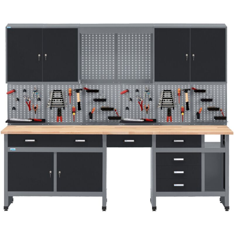 Ensemble d'établi Küpper 70412-9, largeur 240 cm, établi avec plateau en hêtre massif, armoire suspendue, 2 panneaux perforés avec 12 crochets