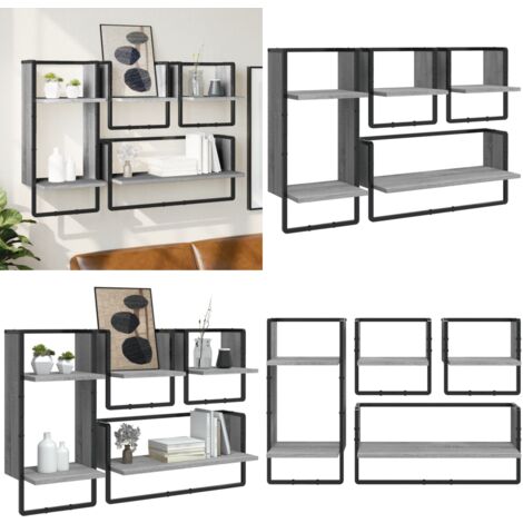 Ensemble d'étagères murales avec barres 4 pcs sonoma gris - Étagères Murales - Étagères Suspendues - Décoration Murale - Rangement Mural - Bibliothèque Murale - Home & Living