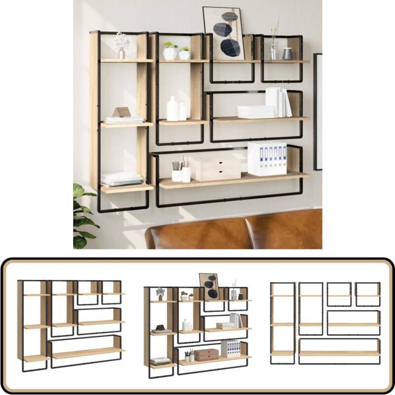 Ensemble d'étagères murales avec barres 6 pcs chêne sonoma - Étagères Murales - Étagères Suspendues - Bibliothèque Murale - Rangement Mural