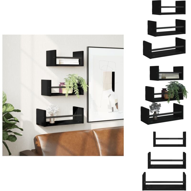 Ensemble d'étagères murales barres 3 pcs noir bois d'ingénierie - Étagères Murales - Étagères Flottantes - Rangement Mural - Décoration Murale