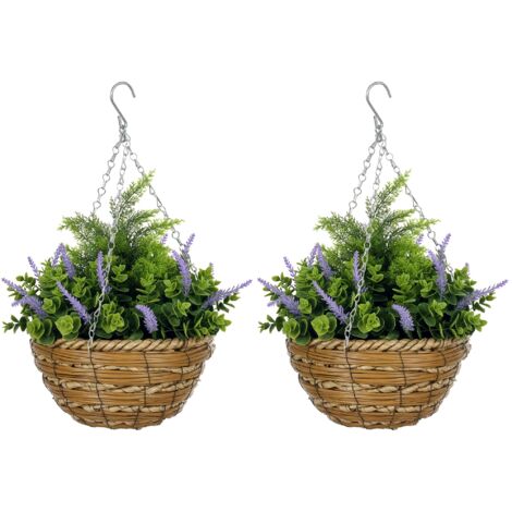 Ensemble deux pots fleurs suspendus artificiels lisianthus violet
