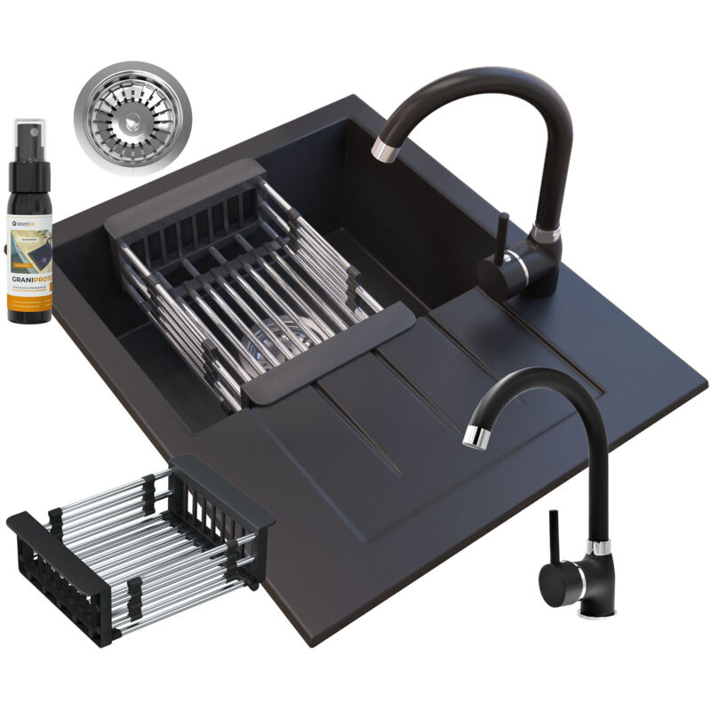 Granitan - Ensemble devier en granit robinet noir egouttoir siphon 84802626