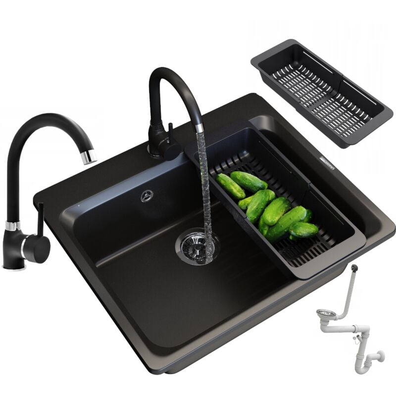 Granitan - Ensemble devier en granit robinet noir siphon egouttoir 85111845