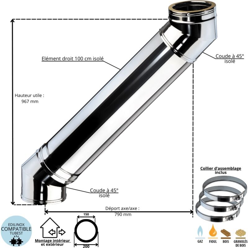 Ensemble dévoiement 2 x coudes 45 degrés + 1 x 100 cm conduit double paroi isolé Ediliso25 Edilinox Diamètre 150