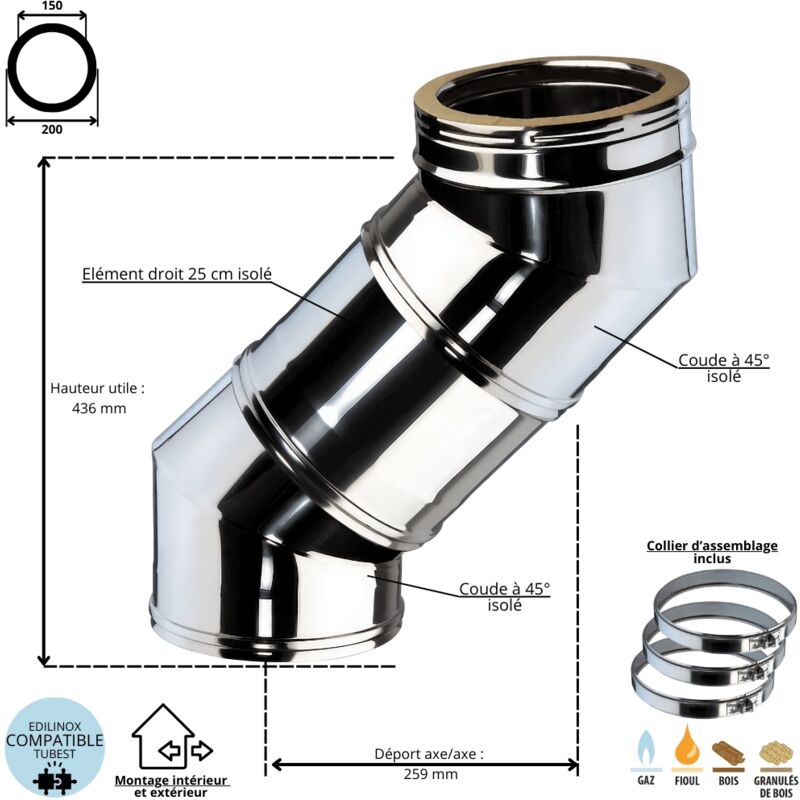 Ensemble dévoiement 2 x coudes 45 degrés + 1 x 25 cm conduit double paroi isolé Ediliso25 Edilinox Diamètre 150