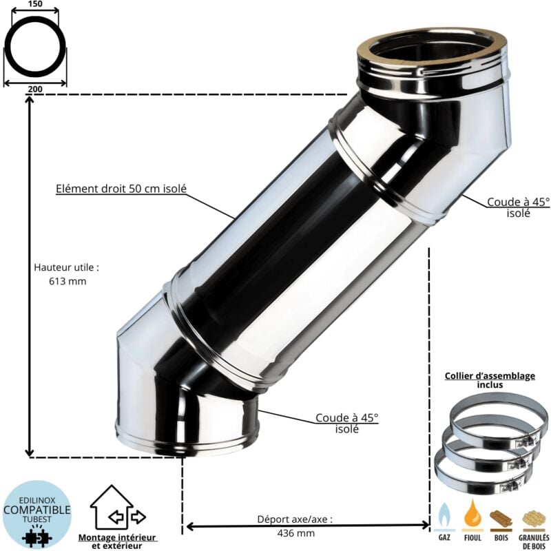 Ensemble dévoiement 2 x coudes 45 degrés + 1 x 50 cm conduit double paroi isolé Ediliso25 Edilinox Diamètre 150