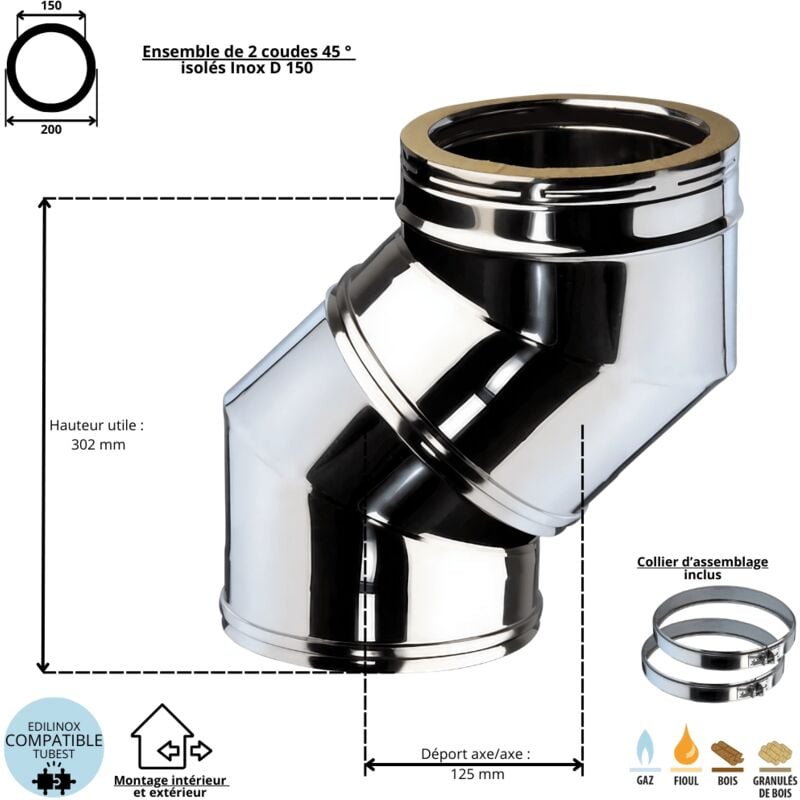 Ensemble dévoiement 2 x coudes 45 degrés conduit double paroi isolé Ediliso25 Edilinox Diamètre 150